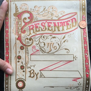 Unused Victorian 1880s Color Lithographed Presentation Award // antique, vintage, red, gilded gold, reward of merit