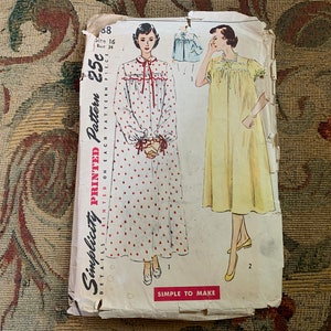 May include: Vintage Simplicity sewing pattern for a nightgown. The pattern is printed on a white paper with red and black text. The pattern shows two women wearing nightgowns, one with polka dots and one with a solid color. The pattern number is 88 and the price is 25 cents.