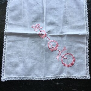 Vintage Get Well Embroidered Handkerchief // lace hem, fine white linen or cotton batiste, pink embroidery with wreaths &gt; Excellent hanky