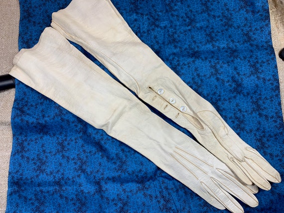 Antique Vintage Long Ivory Kid Leather Gloves // … - image 1