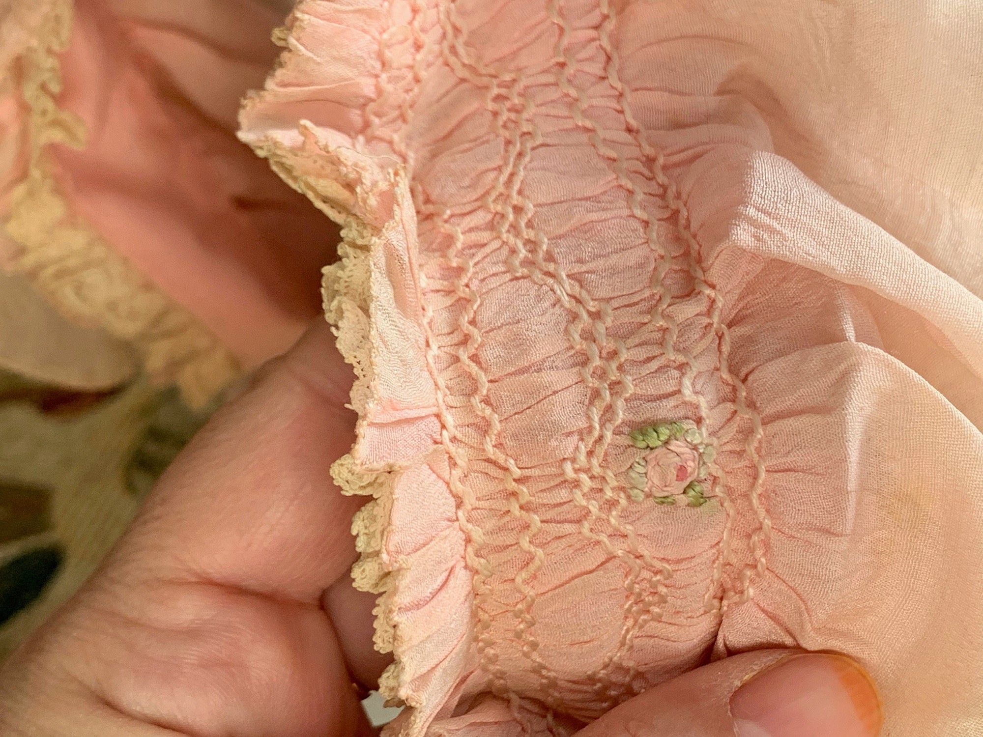 Antique Vintage Pink Silk Flower Ruffled Baby Bonnet, Cap 