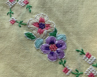 ヴィンテージ刺繍＆クロスステッチの黄色いコットンテーブルクロス