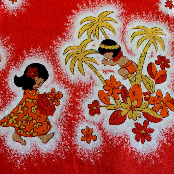 Tissu vintage Red Border Print // 71x35 » > grimper aux cocotiers, fleurs, enfants > tropicaux, Tahiti, Polynésie, Hawaï, Fidji, Bora Bora