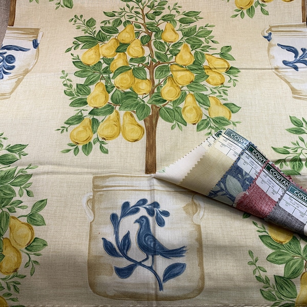 Vintage Cowtan & Tout Pear Trees Échantillon de tissu // 34x26.5"> étiquette originale > coton, poires jaunes, jardinière bleue de Delft