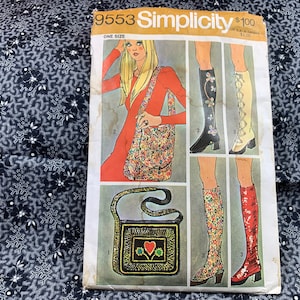 Vintage 1970s Misses' Go-Go Boot, Tall Shoe Covers and Two Bags Pattern // Simplicity 9553 > long spats, cloth coverings, purses, handbags