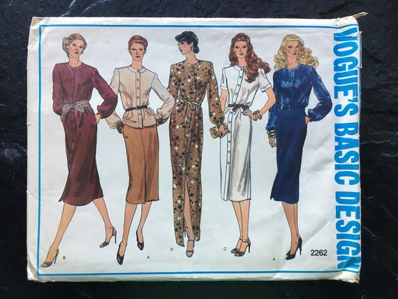 knee length dresses for ladies Vogue 8412 Loose Fitting, Straight Dress with Concealed Front Neck Sli –  Patterns Central main image 1