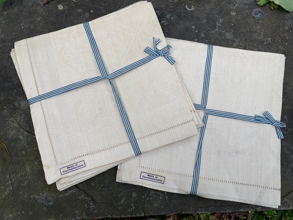 Lot De 17 Serviettes Damassées Blanches - Coton - Fabriquées En France - Vintage/rétro