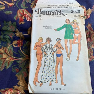 Vintage 1970s Misses' Bikini & Cover-Up Pattern // Butterick 3026 > Sz 12 > Unused > bikini for stretch knits with rings, caftan, pockets