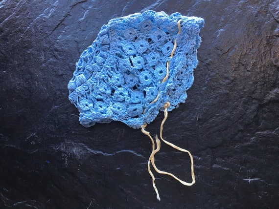 Antique Vintage Blue Crocheted Baby Bonnet, Cap /… - image 2