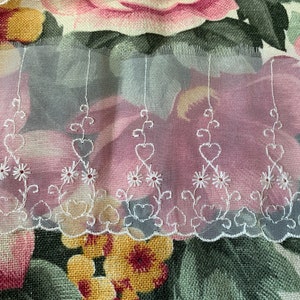 Vintage Sheer Embroidered Nylon Organdy Edging Trim with Hearts // 65&quot; x 3&quot; (2 avail) &gt; scalloped edge, white on white