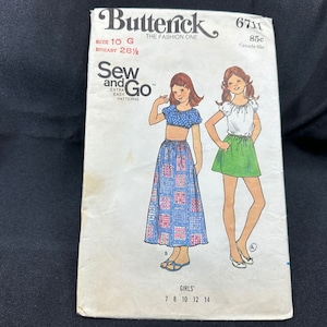 Vintage 1970s Girls&#39; Blouse & Skirt Pattern //Butterick 6711 &gt; Sz 10 &gt; optional short crop top, puff sleeves, short or long drawstring skirt
