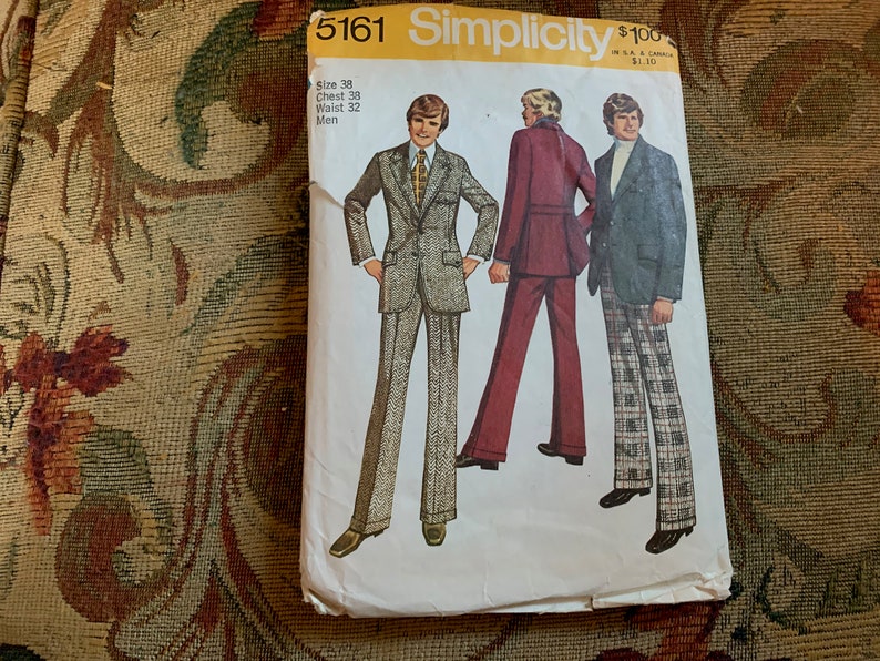 pockets slacks Vintage 1970s Men/'s 3 Pocket Jacket Suit Pattern Simplicity 5161 Size 38 blazer Chest 38 leisure suit pants