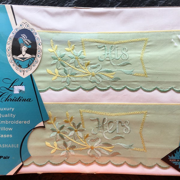 Pair Vintage His & Hers Cotton Pillowcases > deadstock, unopened package, never used > green embroidered edges > MIB NIB store stock