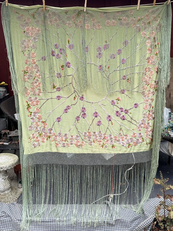 Vintage Signed Embroidered Silk Shawl // 45x47" +… - image 8