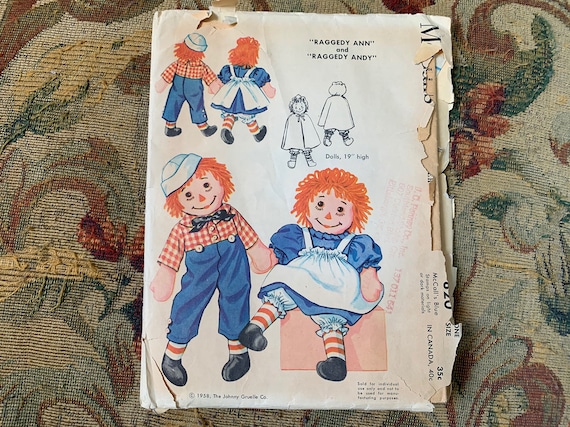 Vintage 1950s Raggedy Ann and Andy Dolls Pattern // Mccall's 820