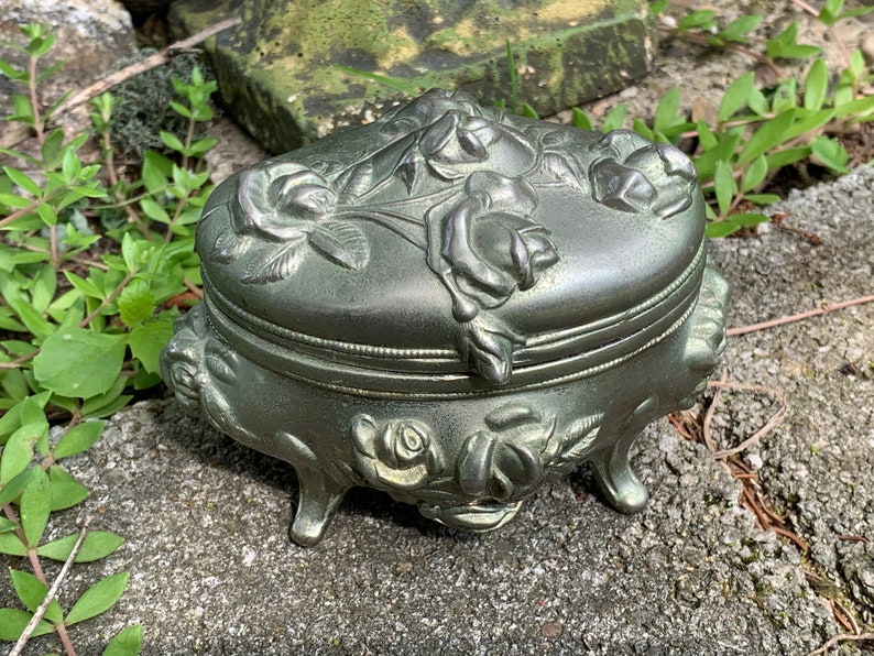 Antique Vintage Art Nouveau Jewelry Box relief roses Casket- Footed Hinged Lid 4.5 x 3.25 x 3.5 silver color cast metal