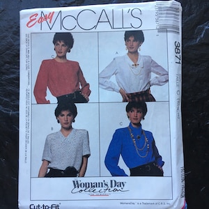 Vintage 1980s Shirt, Blouse, Top Pattern // McCall's 3871 > size 10, 12, 14 > Unused > shoulder pads, modest, prairie, gathered to cuffs
