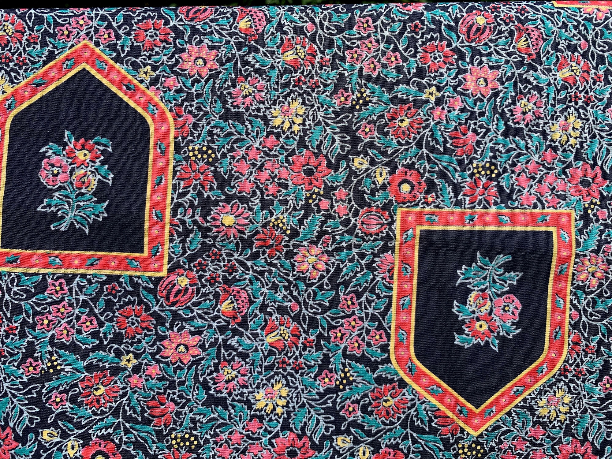 Vintage Dark Blue Dense Floral & Shield Printed Fabric // 88x43" (2 available) > pink, teal, grey on navy, indigo blue > NOS dress fabric