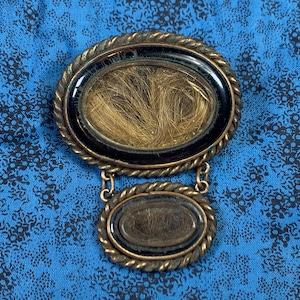 Antique Victorian Double Mourning Hair Brooch // 2x1.75&quot; &gt; gold filled, glass over 2 different loved ones&#39; hair, pin and pendant connected