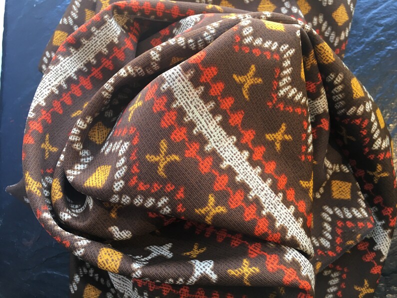 yellow boho hippy style brown with orange Vintage Geometric Polyester Knit Fabric 73x60 tribal print