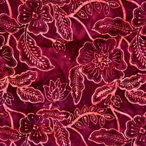 Burgundy Floral Cotton Batik Fabric // 48x44&quot; (2 available) &gt; wax resist flowers