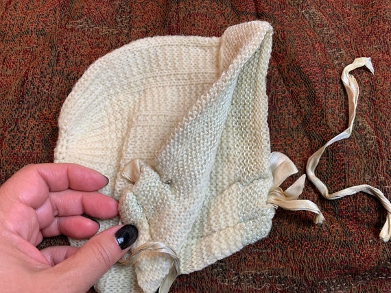 Antique Vintage Knit Ivory Wool Baby Bonnet, Cap … - image 3