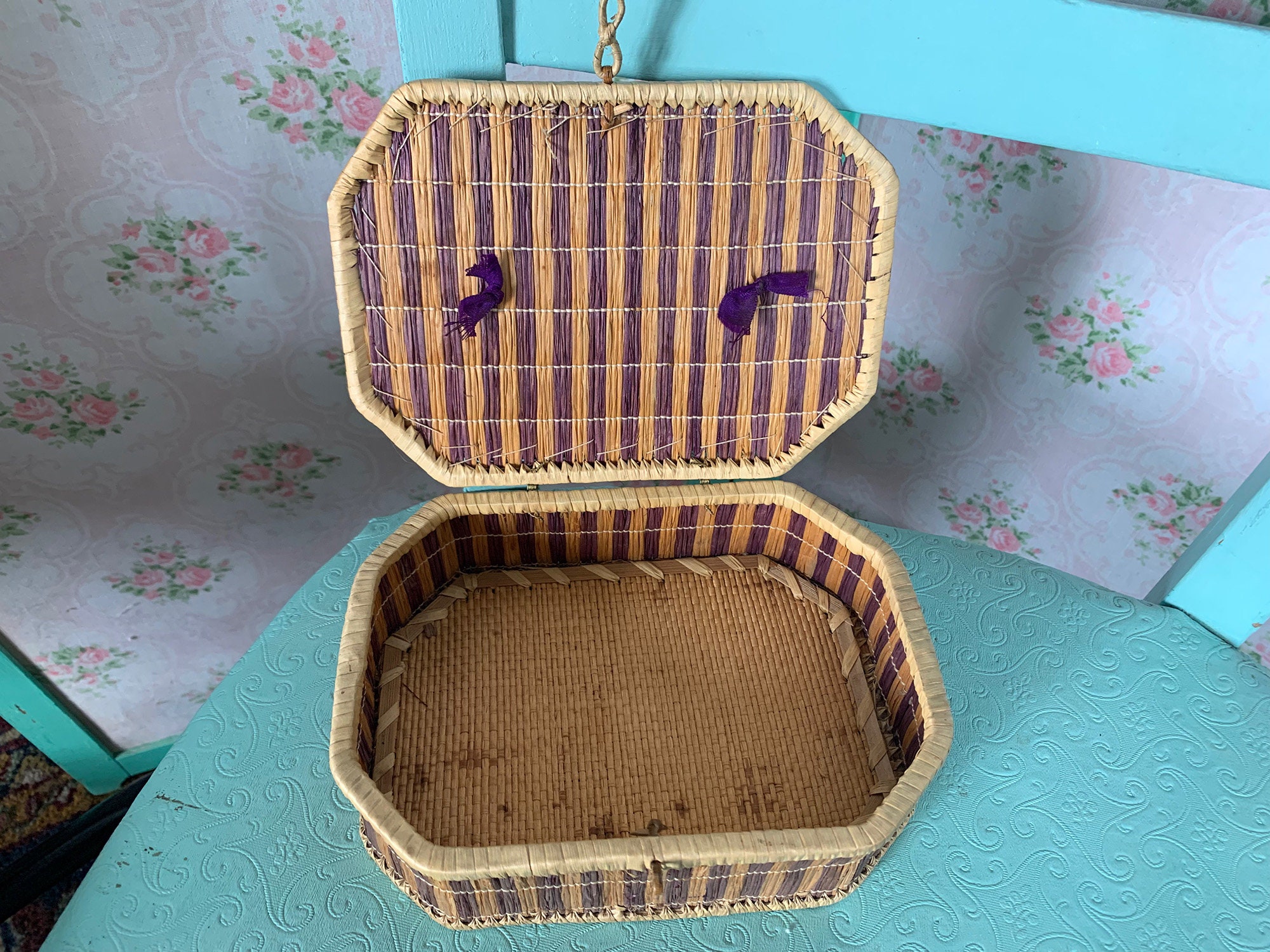 Sweetgrass Ribbon Antique Vintage Sweetgrass Box- Purple Striped & Lidded // 7x5x2.5 ...