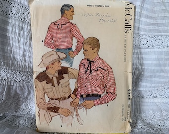 Vintage 1950s Men's Western Shirt Pattern // McCall's 2366 > Size S, 14-14 1/2 > shaped yoke, snaps, cuffs, piping, topstitching