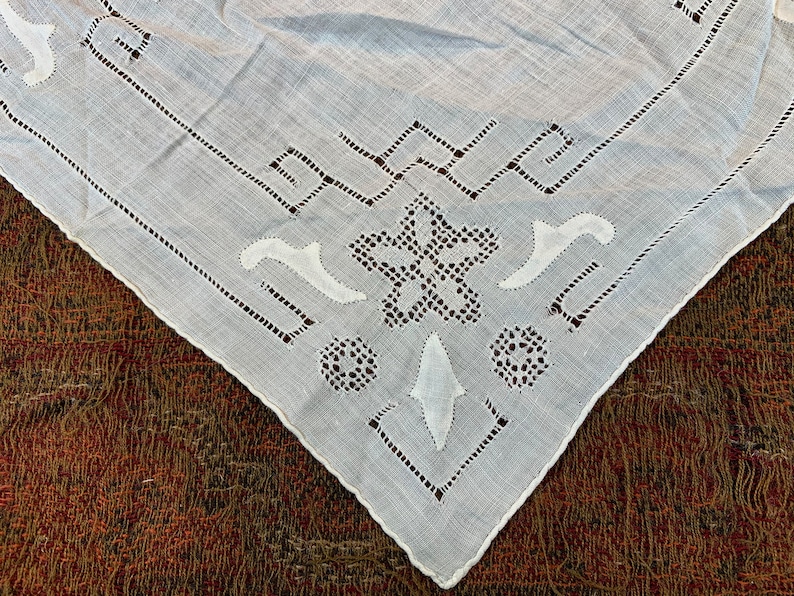 Vintage White on White Linen Handkerchief  10.5 square  drawnwork and appliqu\u00e9
