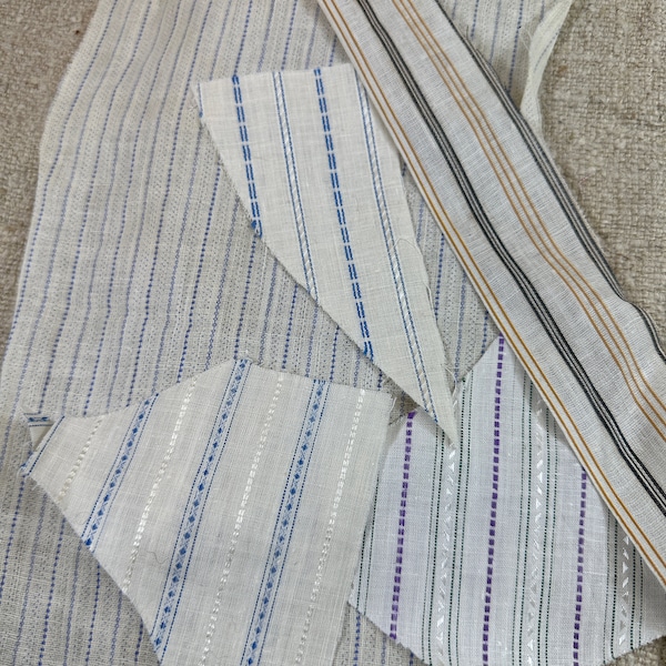 Vintage Cotton Shirting Fabric Scrap Roll // early 1900s millwork, patch, repair, mend, jacquard weave stripes, indigo blue, purple