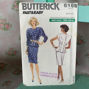 1980s Misses&#39; Top & Straight Skirt Pattern // Butterick 6188 &gt; Unused size 8-10-12 &gt; shoulder pads, back buttons, cap sleeves