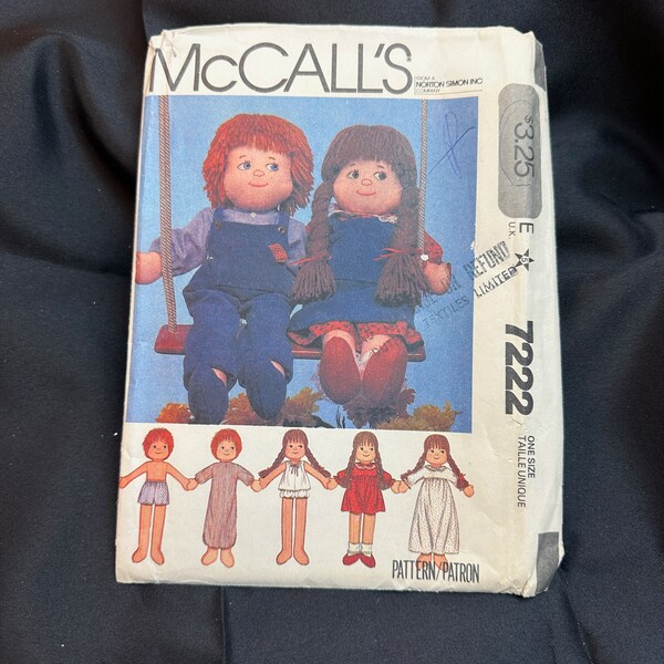 1980 Stuffed Boy and Girl 22" Dolls & Clothes Pattern // McCall's 7222 > stuffed cloth, clothing, underwear, night clothes, overalls, dress