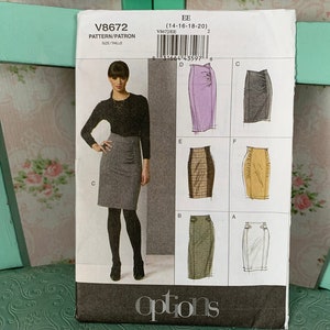 May include: A sewing pattern for a skirt, with six different skirt styles illustrated. The pattern is for sizes 14-16-18-20. The pattern number is V8672.