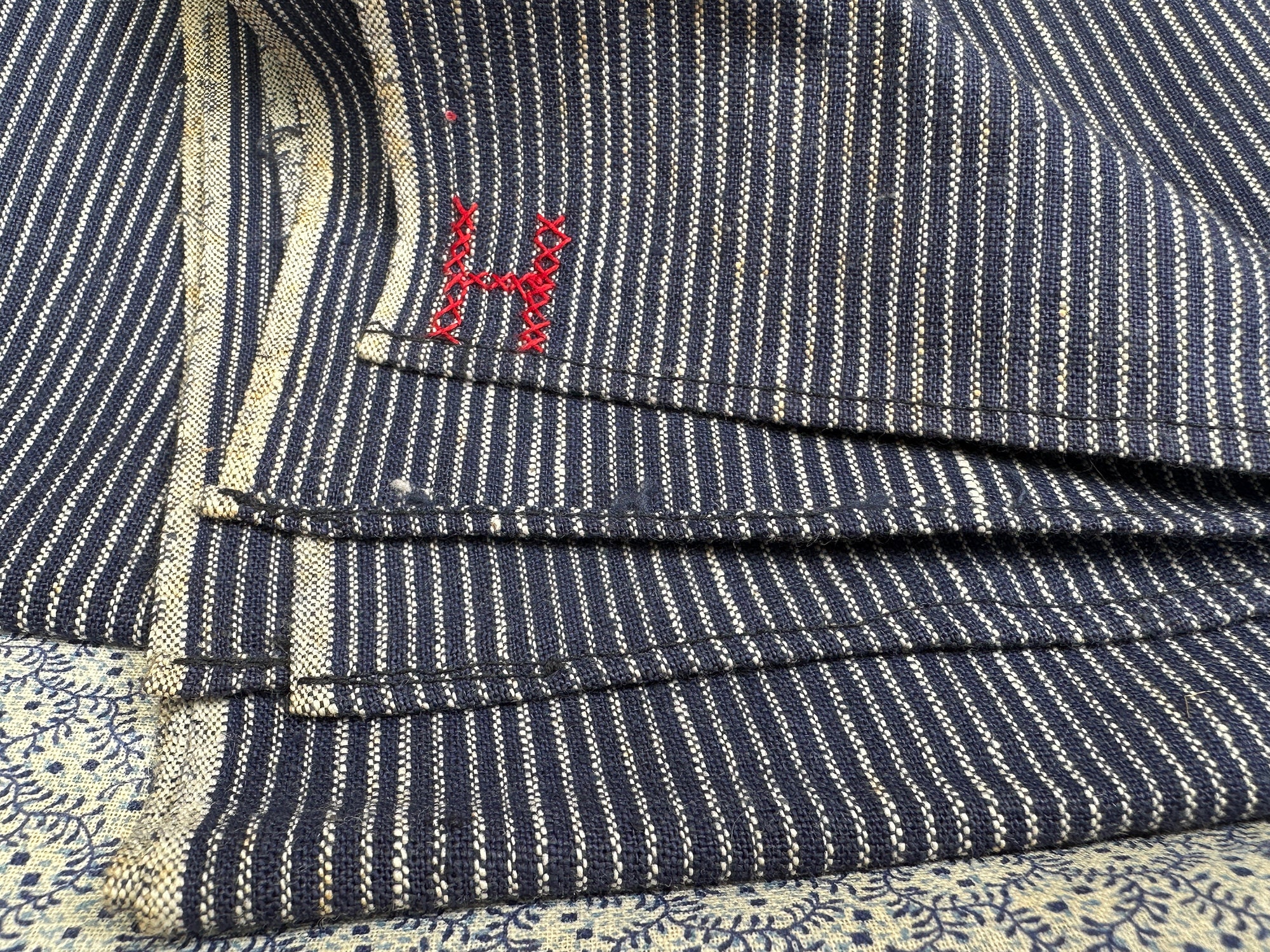 Antique Vintage Indigo Blue & White Stripe Denim Fabric W
