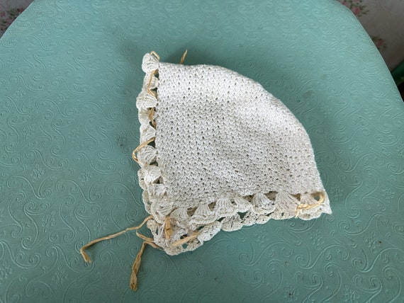 Antique Vintage Off-White Crocheted Baby Bonnet, … - image 5