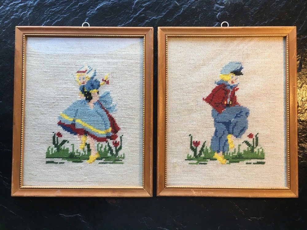 Vintage Dutch Girl & Boy Needlepoint Panels, Framed // 9x11" > Handmade, Needle Work, Tulips, Wooden Clogs, Matching Pair