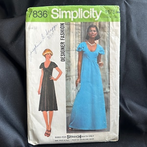 Vintage 1970s Misses&#39; Dress in Two Lengths Pattern // Simplicity 7836 &gt; Size 12 &gt; empire waist, maxi or knee length, ruffle layered sleeves