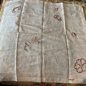 Antique Vintage Fine Linen Table Center Stamped for Embroidery- Wild Roses // 23.5x23.5&quot; &gt; DIY project &gt; partially embroidered, timeworn
