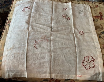 Antique Vintage Fine Linen Table Center Stamped for Embroidery- Wild Roses // 23.5x23.5" > DIY project > partially embroidered, timeworn
