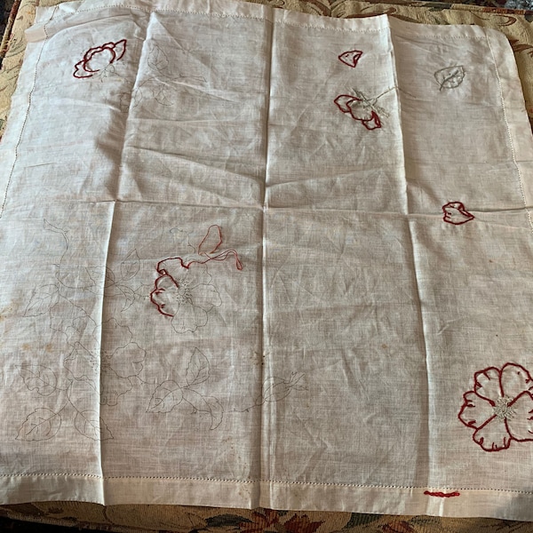 Antique Vintage Fine Linen Table Center Stamped for Embroidery- Wild Roses // 23.5x23.5" > DIY project > partially embroidered, timeworn