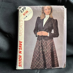 1980s Jacket & Skirt Pattern // McCall&#39;s 8736 &gt; size 8-10-12 &gt; Unused &gt; blazer, bias prairie skirt, shoulder pads