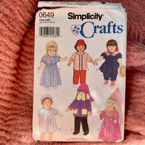 18&quot; Doll Clothes Pattern // Simplicity 0649 &gt; dress, hat, pants, jacket, top, nightcap, old fashioned bathing suit, prairie dress, princess