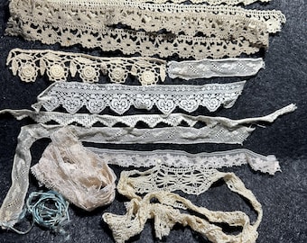 Bundle Lot Vintage & Antika Spetsrester // 166" 9 st > Malteserspole i siden, bomull, blush rosa nylon Valenciennes, kanter, kanter, restmaterial