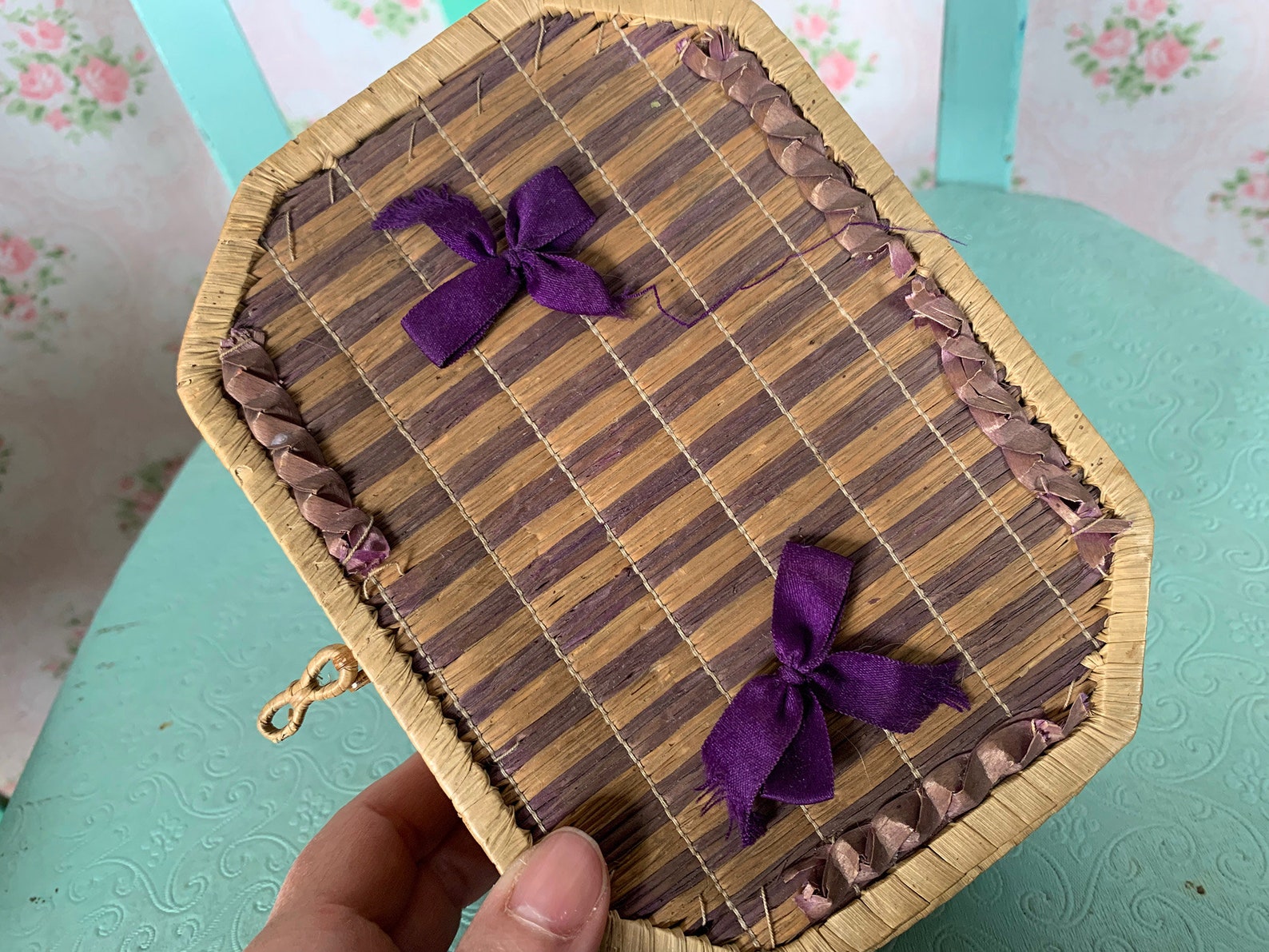 Sweetgrass Ribbon Antique Vintage Sweetgrass Box- Purple Striped & Lidded // 7x5x2.5 ...