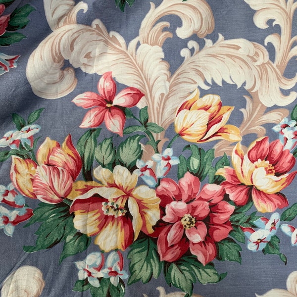 Vintage Floral Cotton Fabric Duvet // 72x74" > large print pink flowers, acanthus leaves on periwinkle blue