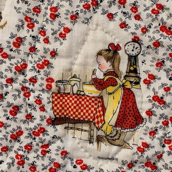 Vintage Holly Hobbie Child's Quilt // 39x45" > small print floral calico, yellow gingham binding, Holly doing chores, cats, lap blanket