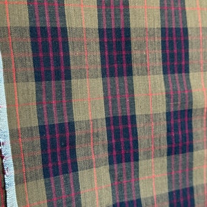 Vintage Mid-Century Brown Tartan Plaid Cotton Fabric // 108x45" > Unused deadstock > lightweight olive brown, black, red, white selvages