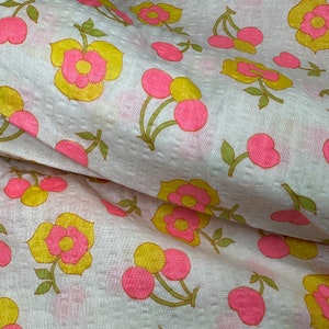 Vintage Neon Cherries Seersucker Fabric // 68x46" > Unused deadstock > bright, vibrant pink, yellow, green flowers & fruit