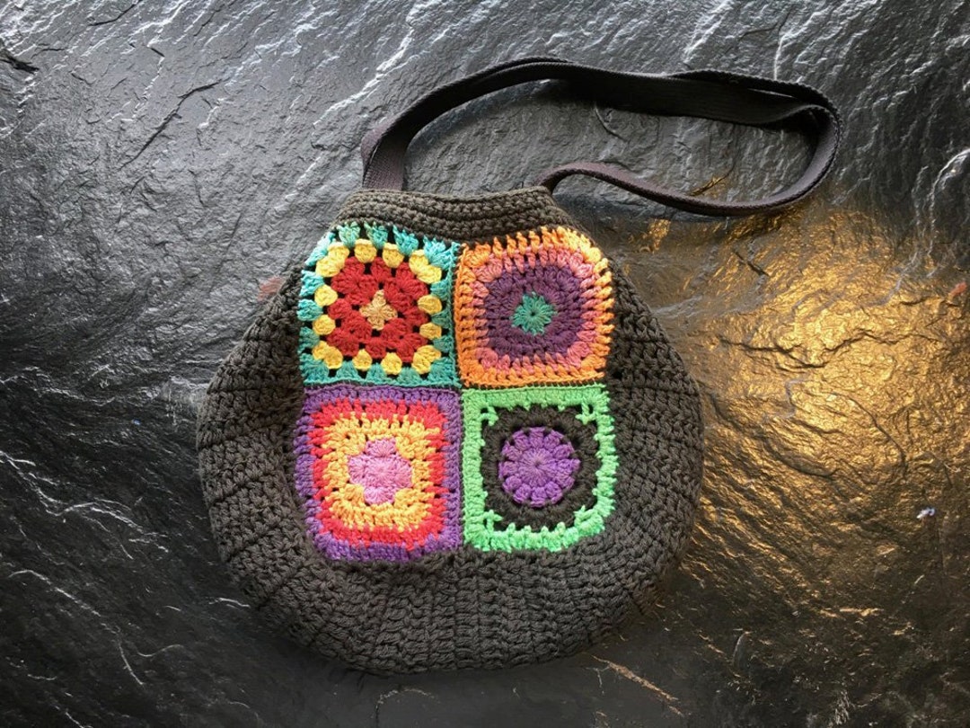 Vintage Granny Square Handbag, Purse, Pocketbook // 9x10 Black With