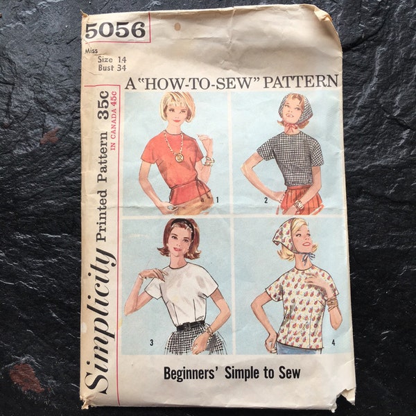 Vintage 1960s Misses' Blouse & Scarf Beginners' Pattern // Simplicity 5056 > Sz 12 and/or 14 > shirt, headwrap > "Simple To Sew"